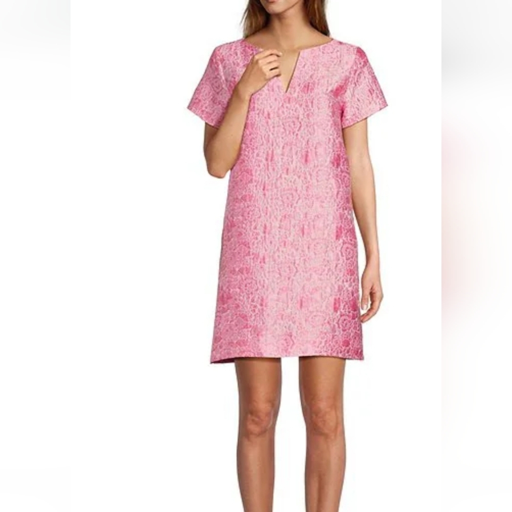 Abbey GlassLulu Jacquard V-Neck Short Sleeve Mini Shift Dress